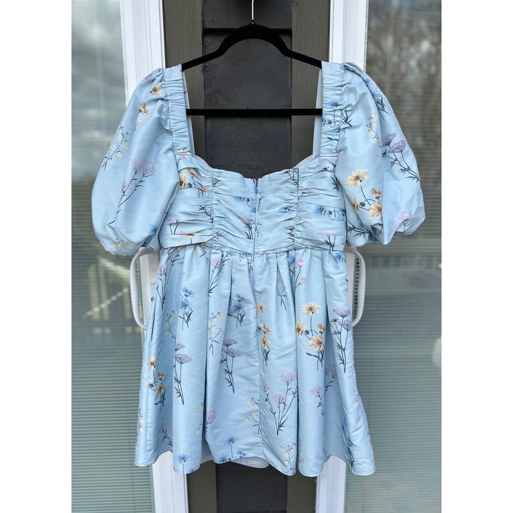 Self-Portrait Light Blue Floral Taffeta Puff Sleeve Mini Dress Square Neck 10 - Picture 6 of 8